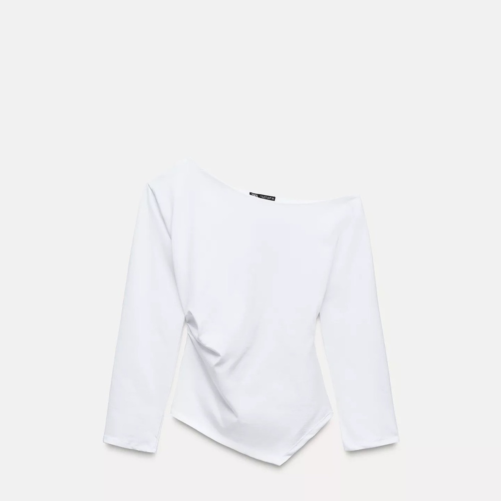 Zara White Asymmetrical 3/4 Sleeve Bodysuit